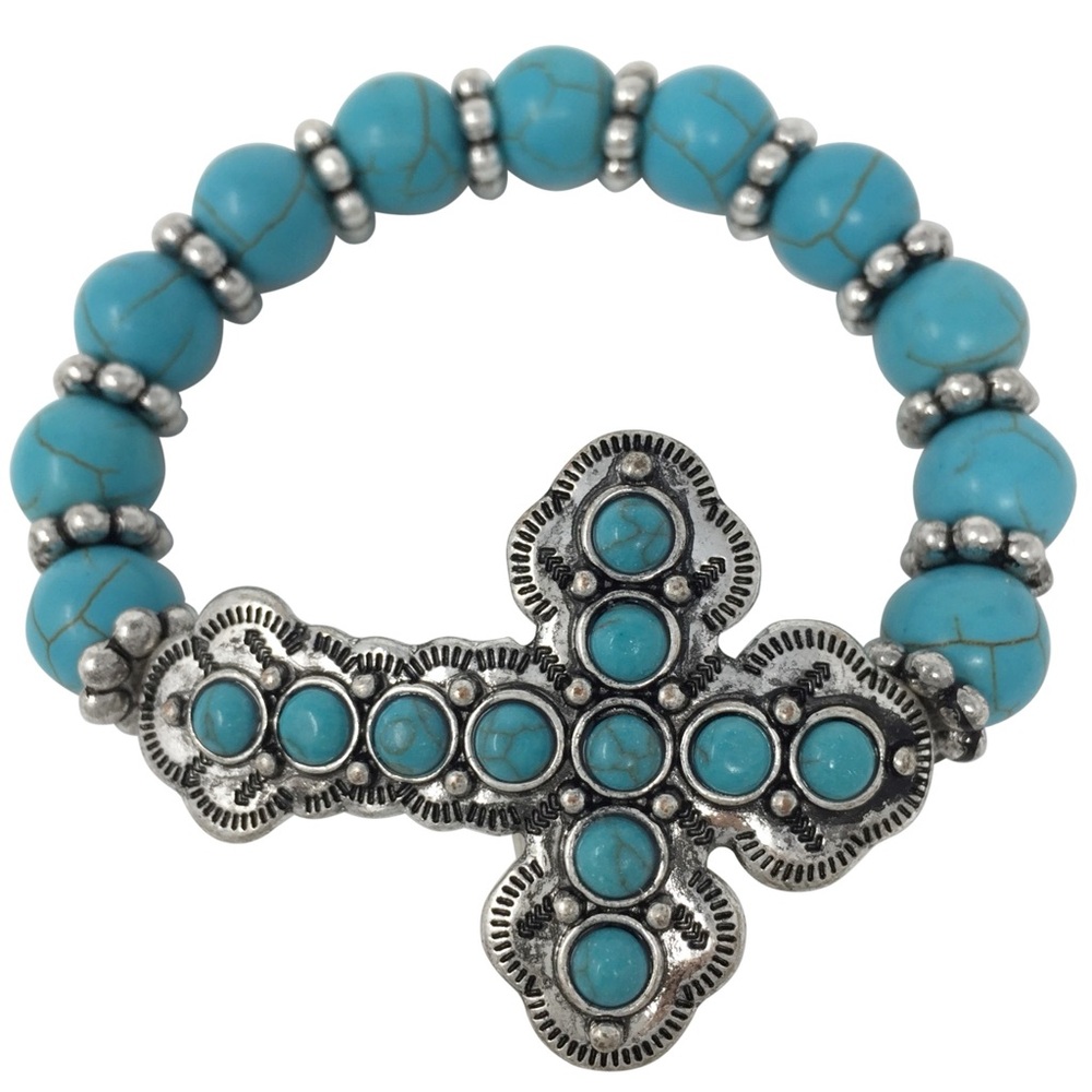 Sideways Cross Turquoise Beaded Christian Stretch Bracelet